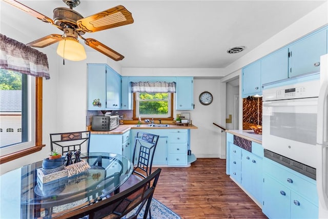 kitchen with sink, dark hardwood / wood-style floors, oven, and blue cabinets