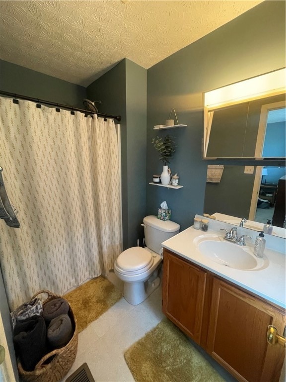 bathroom with walk in shower, toilet, a textured ceiling, and vanity