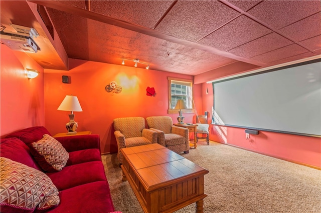 carpeted home theater featuring rail lighting