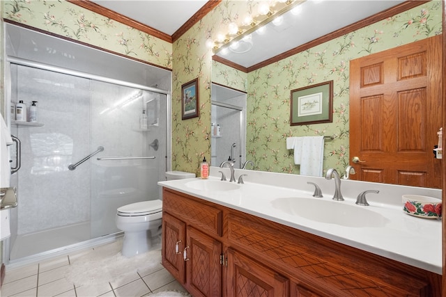 bathroom with tile patterned flooring, vanity, toilet, and an enclosed shower