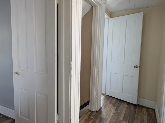 hallway featuring ornamental molding and dark wood-type flooring