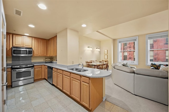 kitchen featuring appliances with stainless steel finishes, kitchen peninsula, and sink