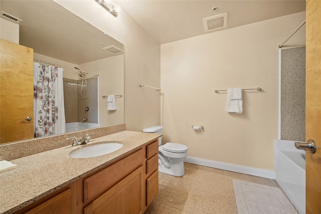 full bathroom with vanity, toilet, and shower / bath combination with curtain