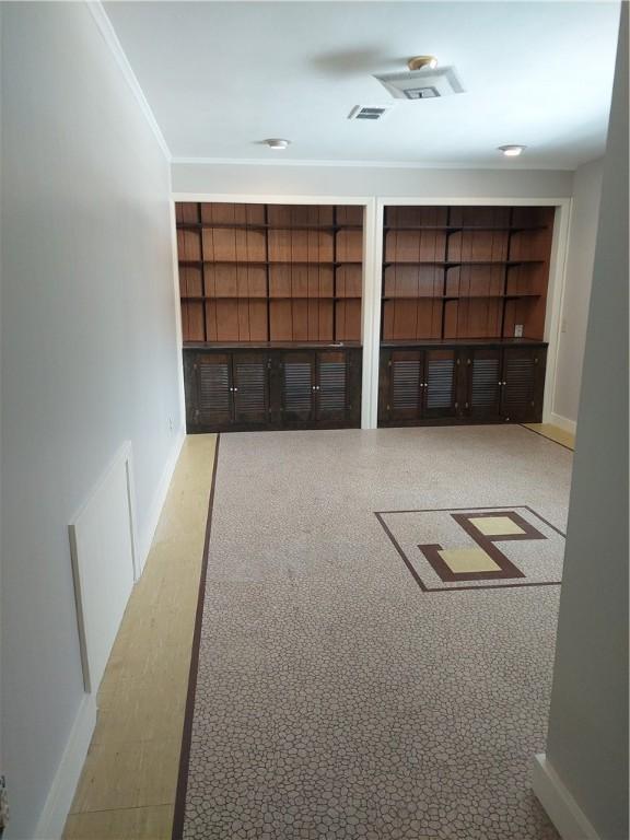 basement featuring ornamental molding and built in features