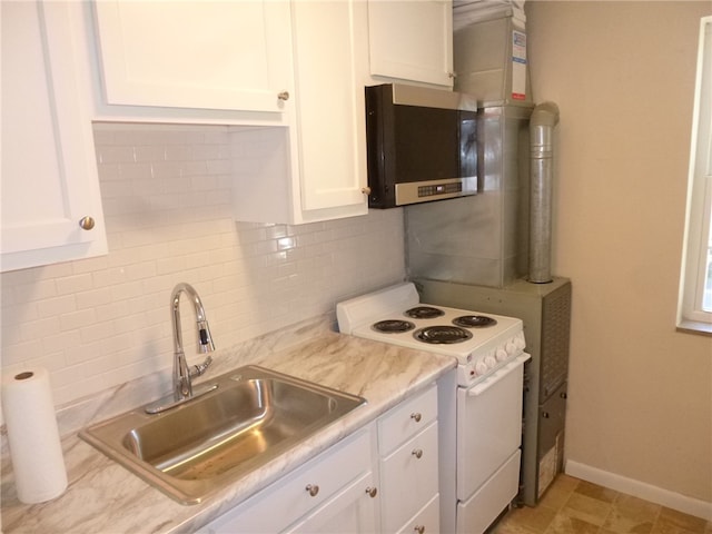 kitchen with white cabinetry, sink, backsplash, and white electric range