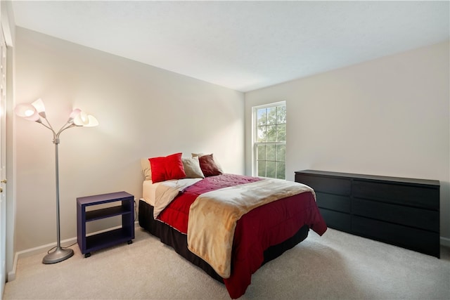 bedroom with light colored carpet