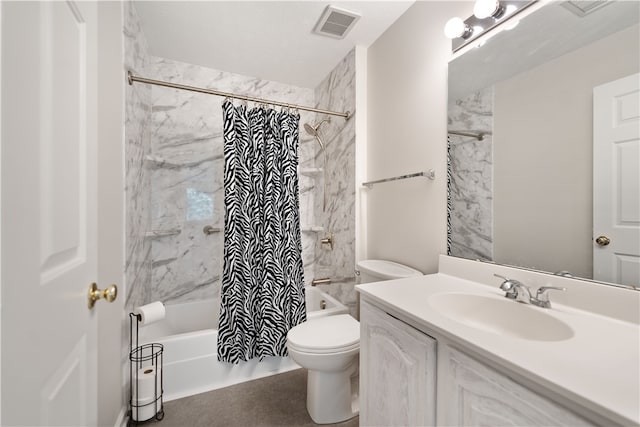 full bathroom featuring vanity, toilet, and shower / bath combination with curtain