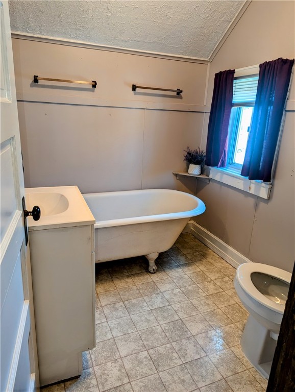 bathroom featuring toilet, a bath, vanity, a textured ceiling, and lofted ceiling