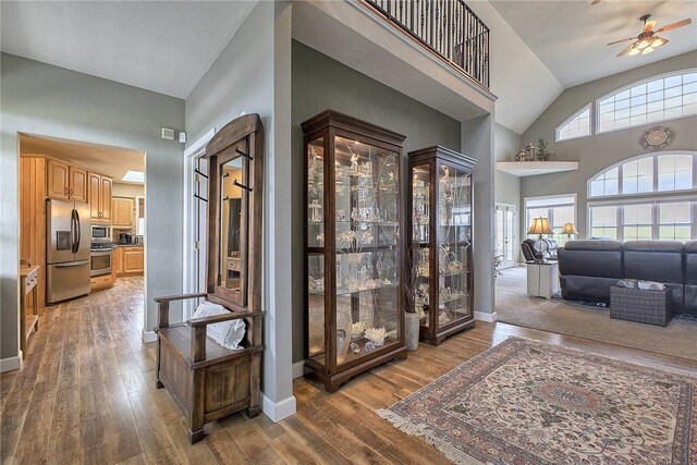 interior space with high vaulted ceiling and dark hardwood / wood-style flooring