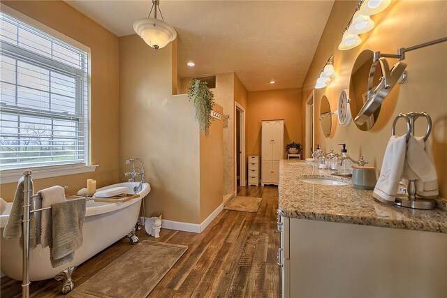 bathroom with vanity, wood-type flooring, and a bathtub