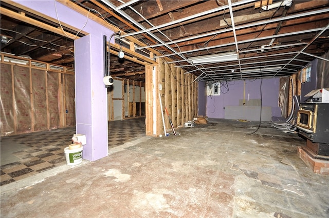 basement with a wood stove