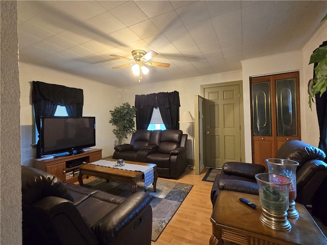 living room featuring ceiling fan and light hardwood / wood-style flooring