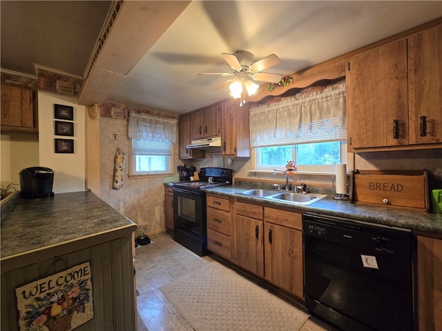 kitchen featuring black appliances, ceiling fan, and sink