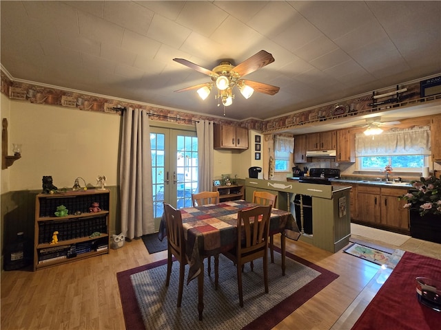 dining space featuring ceiling fan, light hardwood / wood-style floors, and a healthy amount of sunlight