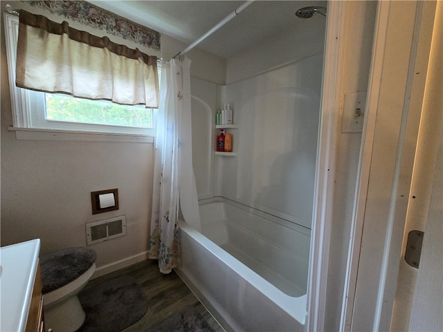 full bathroom with vanity, toilet, shower / bath combination with curtain, and wood-type flooring