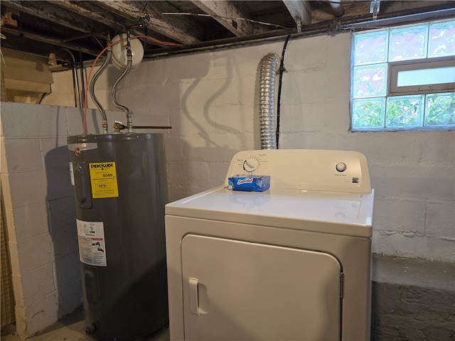 clothes washing area with water heater and washer / clothes dryer