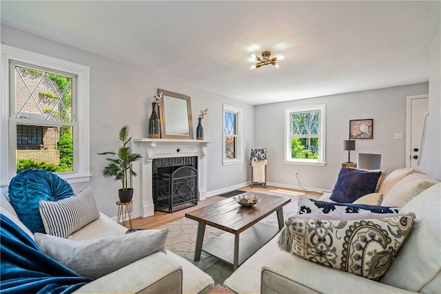 living room with wood-type flooring, a wealth of natural light, and a fireplace