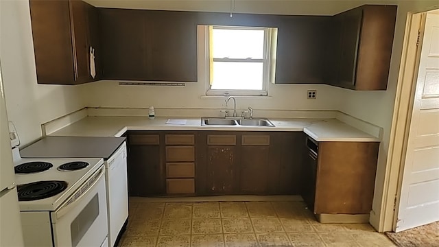 kitchen featuring sink, dark brown cabinetry, and white range with electric cooktop