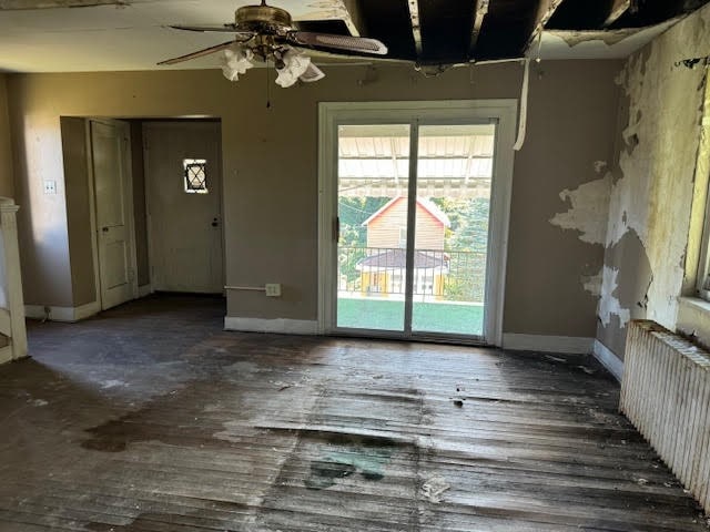 empty room with ceiling fan and dark hardwood / wood-style floors