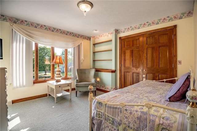 carpeted bedroom with baseboards and a closet