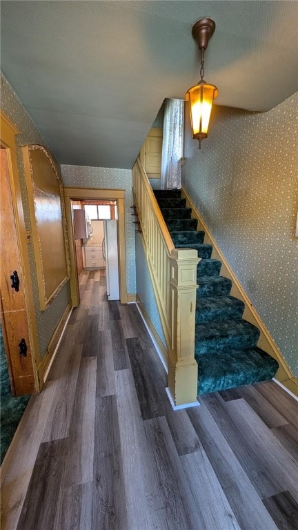 stairs with hardwood / wood-style floors