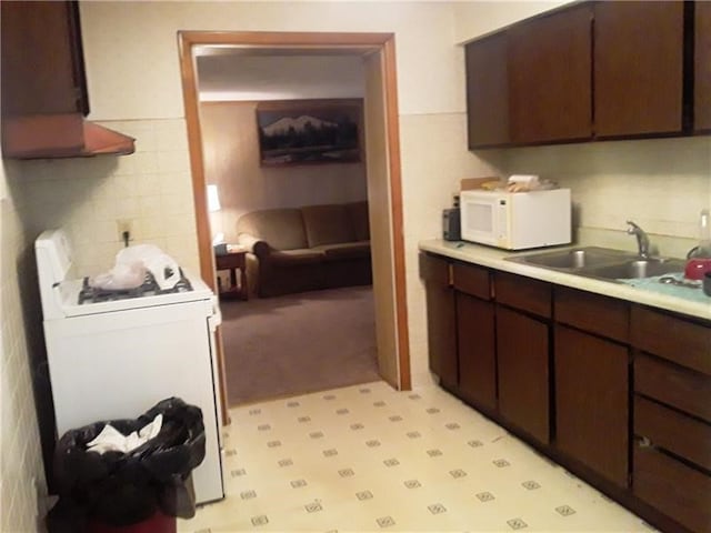 kitchen featuring light carpet, white appliances, dark brown cabinets, and sink