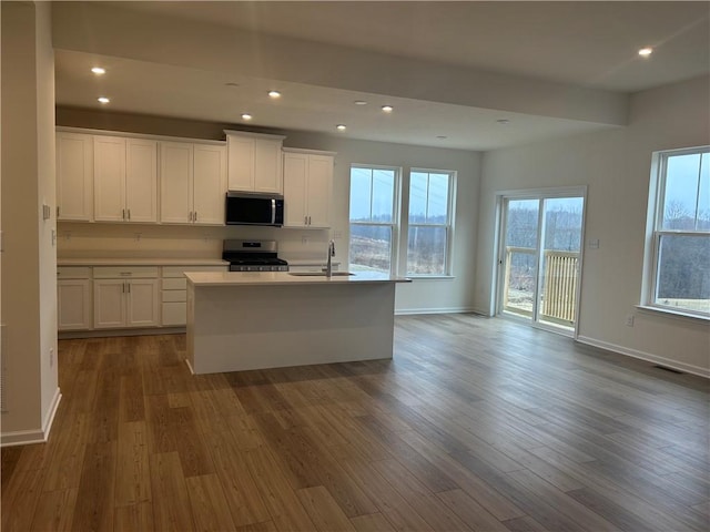 kitchen with dark wood finished floors, stainless steel appliances, a sink, and recessed lighting