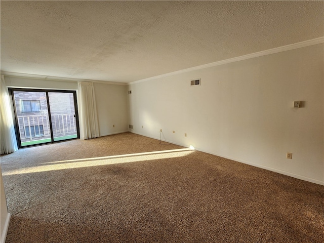 carpeted spare room with crown molding and a textured ceiling