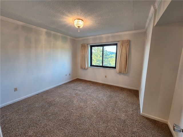 spare room featuring crown molding, carpet flooring, and a textured ceiling