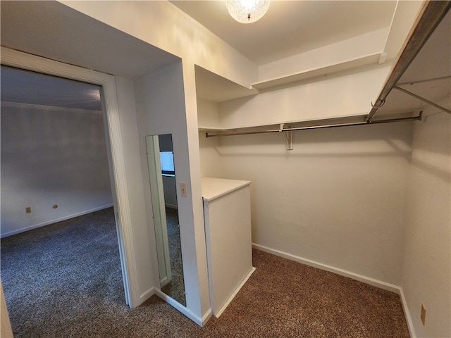 spacious closet featuring dark carpet