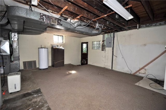 basement with electric panel and water heater