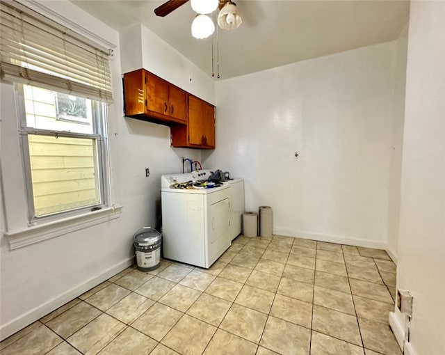 washroom featuring washer / dryer, ceiling fan, and light tile patterned floors