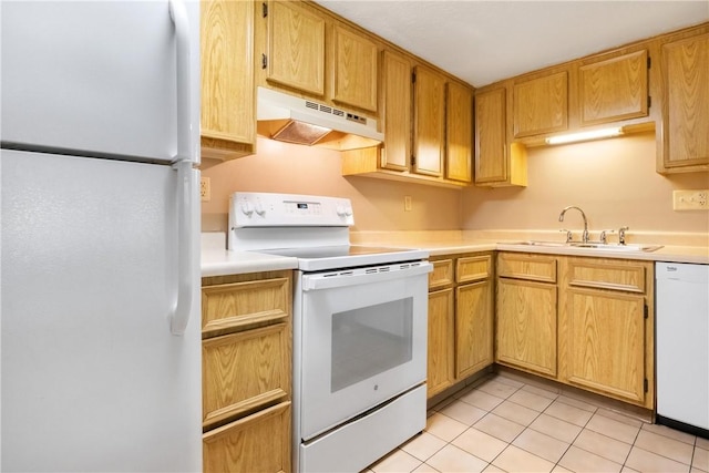 kitchen featuring white appliances, light countertops, a sink, and under cabinet range hood