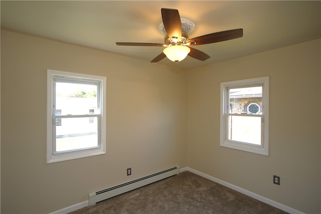 spare room with ceiling fan, baseboard heating, and carpet floors