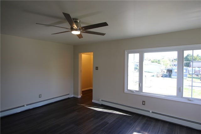 empty room featuring dark wood-type flooring, ceiling fan, and a baseboard radiator