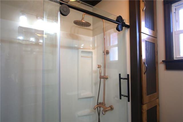 interior details with a shower with shower door