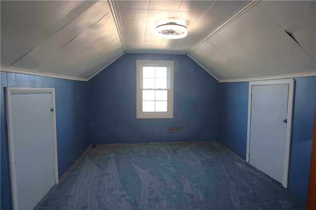 additional living space featuring vaulted ceiling and carpet flooring