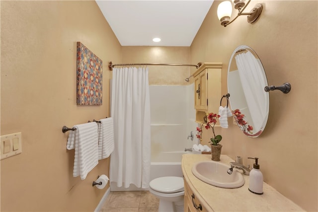 full bathroom with vanity, tile patterned floors, shower / bathtub combination with curtain, and toilet