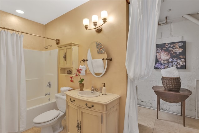 full bathroom featuring toilet, vanity, shower / bath combination with curtain, and tile patterned flooring