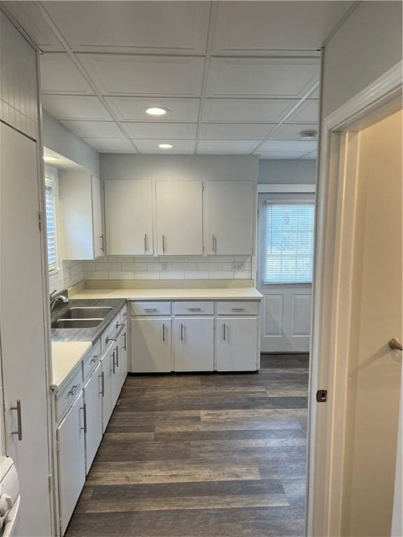 kitchen with tasteful backsplash, dark wood-type flooring, and a sink