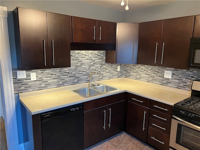 kitchen with black appliances, tasteful backsplash, dark brown cabinetry, and sink