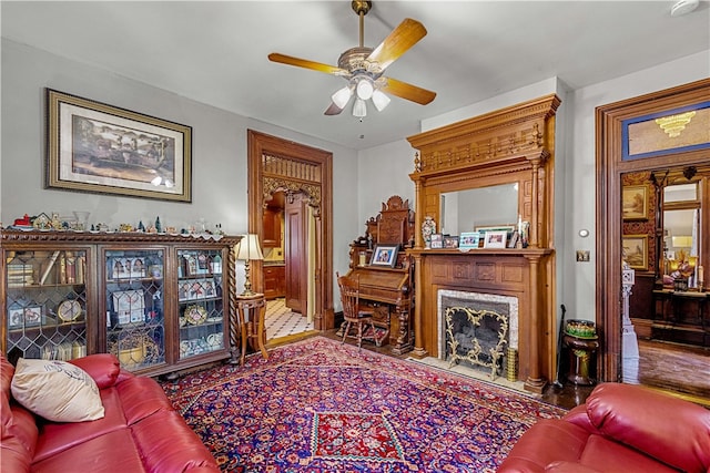 living room featuring ceiling fan