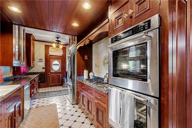 kitchen with wooden ceiling, tasteful backsplash, stainless steel appliances, and ceiling fan