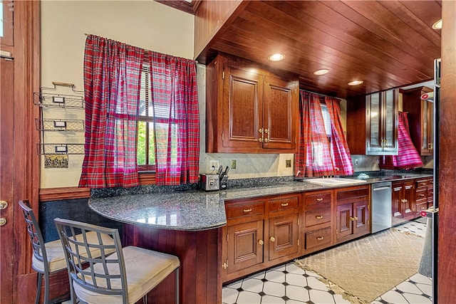 kitchen featuring dishwasher, wood ceiling, dark stone countertops, and decorative backsplash