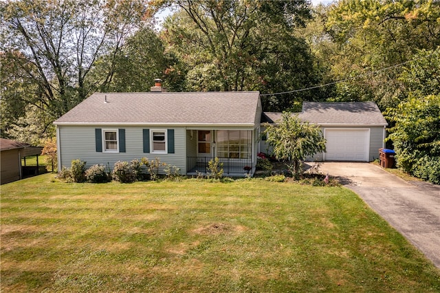 ranch-style home with a front yard and covered porch