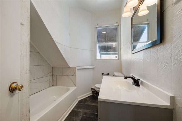 full bathroom with plus walk in shower, toilet, and vanity