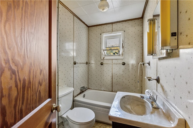 full bathroom featuring shower / bath combination, toilet, ornamental molding, and vanity