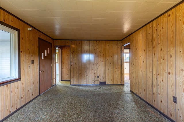 carpeted spare room featuring wooden walls