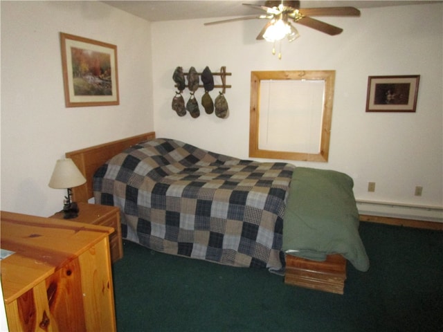 bedroom with a baseboard heating unit, ceiling fan, and carpet