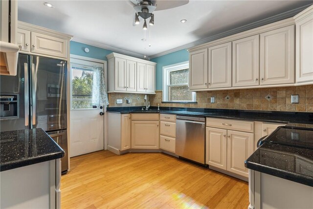 17 Long St, Hanover Twp Wsh, PA 15021 - kitchen with appliances with stainless steel finishes, light wood-style flooring, a ceiling fan, a sink, and ornamental molding